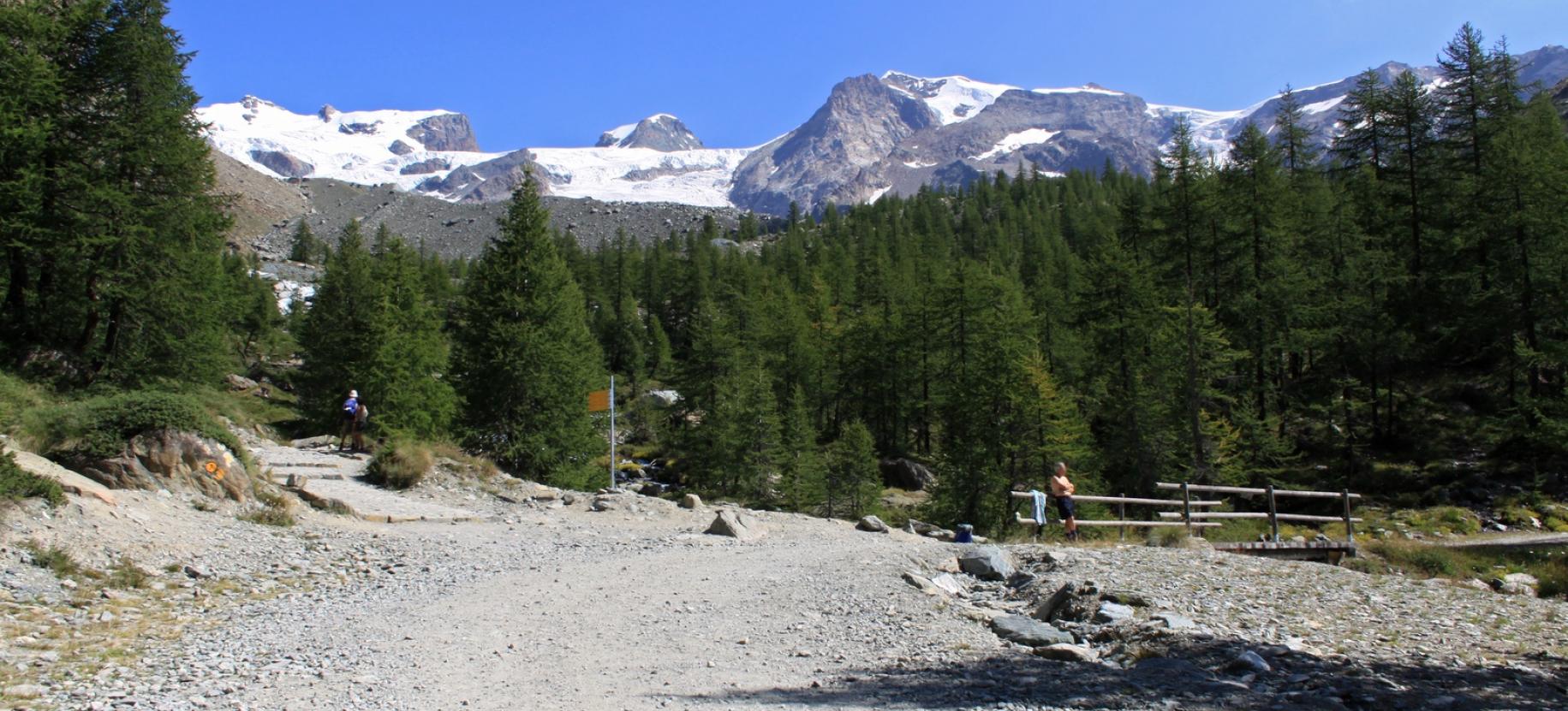 In fondo al Pian di Verra Inferiore il sentiero 7 per il Lago Blu sale dritto.