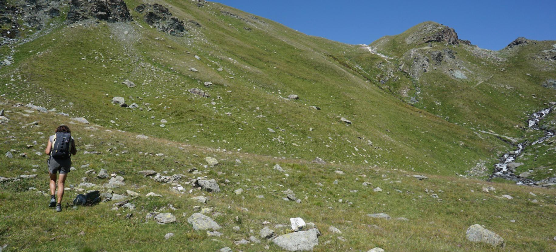 La traccia a terra potrebbe essere a tratti poco visibile; qui si discosta dal torrente e sale momentaneamente più a sinistra.